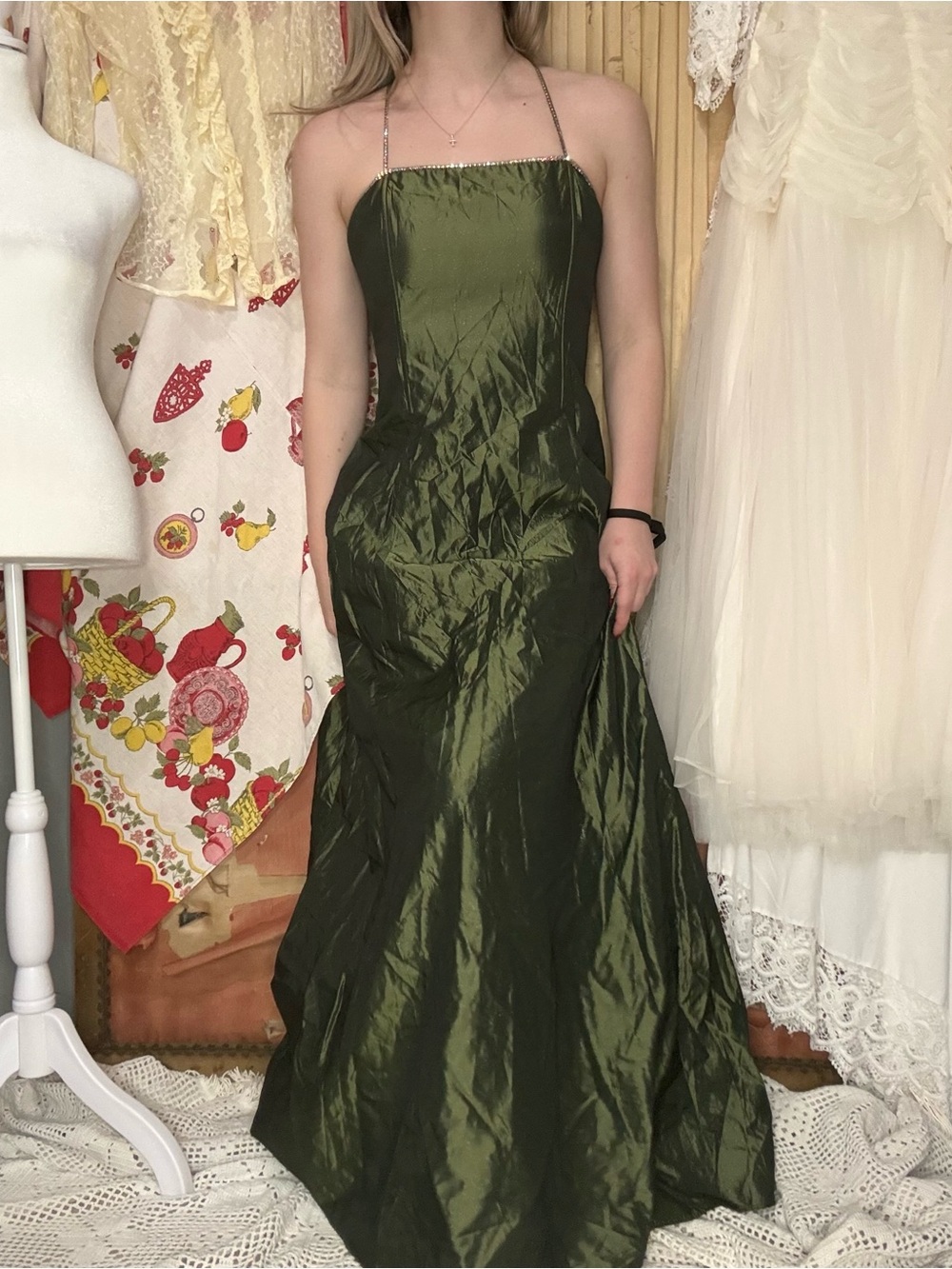 Vintage 90’s Gunne Sax Green Strapless Evening Gown with Rhinestone Straps